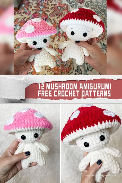 12 Mushroom Amigurumi Crochet Patterns - FREE Free Mushroom Amigurumi Patterns, Crochet Giant Mushroom Pattern Free, Crochet Mushroom People Pattern Free, Amigurumi Free Pattern Mushroom, Lil Mushroom Guy, Crochet Mushroom Friend, Mushroom Person Crochet Pattern Free, Crochet Mushroom People, Mushroom Man Crochet Pattern Free