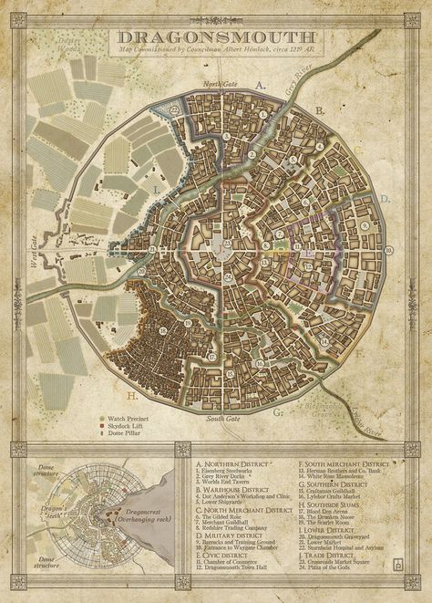 A city map commisioned for Steel and Steam, an upcoming fantasy steampunk kickstarter run by Silverhold Studios. Ville Steampunk, Steampunk City, Fantasy City Map, Fantasy Map Making, Map Layout, Fantasy Town, Imaginary Maps, Fantasy World Map, Tabletop Rpg Maps