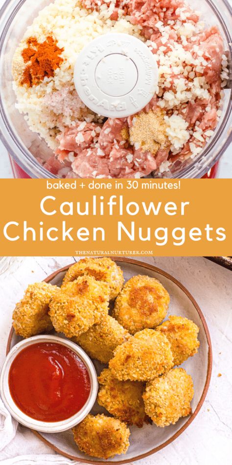 Chicken Nugget Meal Prep, Cauliflower Chicken Nuggets, Chicken Nuggets Food Processor, Veggie Nuggets Recipe, Freezer Cauliflower Recipes, Food Processor Recipes Toddler, Toddler Freezer Food, Hidden Veggie Chicken Nuggets, Hidden Cauliflower Recipes