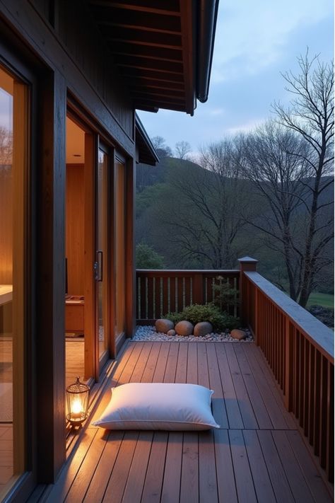 Minimalist Japanese balcony featuring low seating and zen-inspired elements Japanese Balcony, Zen Balcony, Angled Bedroom, Balcony Aesthetic, Small Balcony Furniture, Urban Balcony, Balcony Apartment, Miniature Zen Garden, Mini Zen Garden