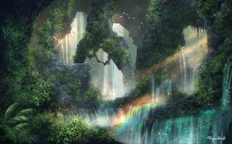 Jungle Monster Art, Fantasy Jungle Landscape, Jungle City Fantasy Art, Landscape Shapes, Fantasy Jungle, Alien City, Majestic Landscape, Magical Jungle, Sparkling Lights