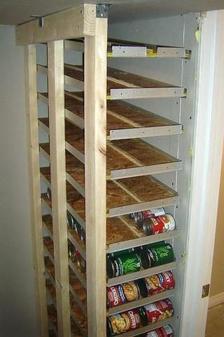 Diy Food Storage, House Improvement, Canned Food Storage, Creative Storage Solutions, Basement Storage, Can Storage, Creative Storage, Pantry Storage, Canned Food