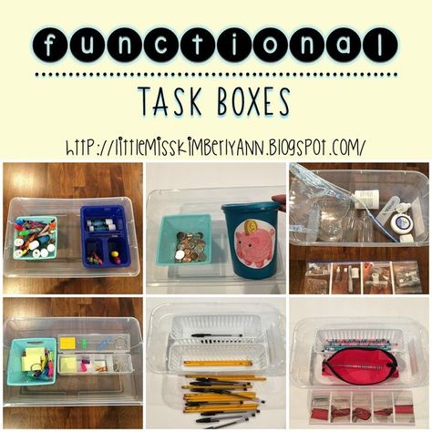 Functional task boxes and independent work ideas Dollar Store Task Boxes, Brain Bins, Task Boxes Preschool, Functional Classroom, Independent Work Tasks, Teacch Tasks, Vocational Tasks, Work Bins, Independent Work Stations