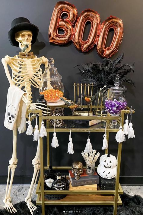 Halloween Bar Cart Decorating Ideas Cart Decorating Ideas, Bart Cart, Halloween Meal, Halloween Bar Cart, Bar Cart Inspo, Cheers Witches, Creepy Home Decor, Home Decor Business, Halloween Bar