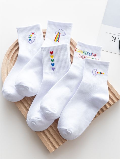 5pairs Rainbow Print Crew Socks Aesthetic Socks, Sports Socks Women, Socks Aesthetic, High School Fashion, Tennis Socks, Embroidered Socks, Rainbow Socks, Work Socks, Sock Outfits