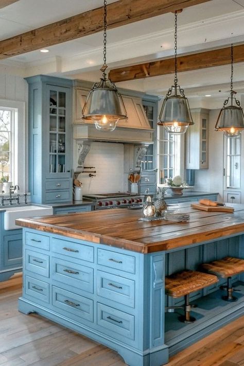 Best Kitchen Island, Old World Kitchens, Desain Pantry, Kitchen Island Ideas, Beach House Interior Design, Dream Kitchens Design, Island Ideas, Blue Kitchens, Live Happy