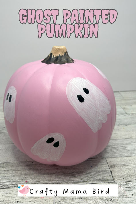 This simple painted pumpkin is such a fun Halloween project.  Draw or paint on a easy ghost figure and add eyes for a fall decoration that will look great for the season. Painted Pumpkin, Mama Bird, Pink Pumpkin, Fall Decoration, Crafty Mama, Pink Pumpkins, Halloween Projects, Painted Pumpkins, Halloween Fun