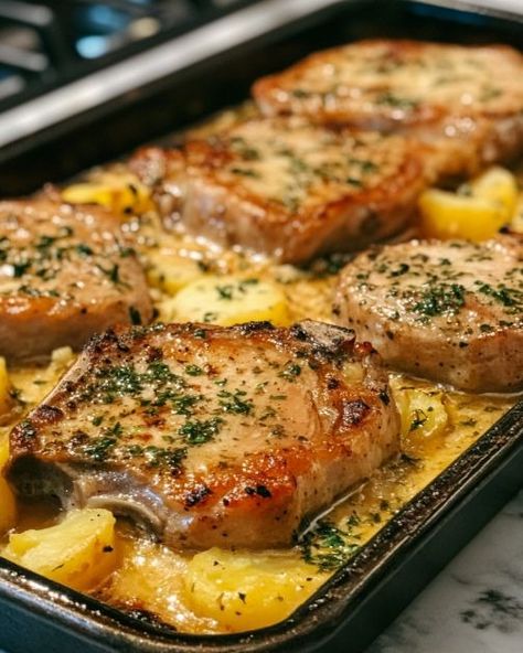 Every time I dish this out, I get hounded for the recipe! Pork Loin Chops Recipes, Scalloped Potato Casserole, Creamy Scalloped Potatoes, Boneless Pork Loin Chops, Scalloped Potatoes Recipe, Mustard Pork Chops, Pork Chops And Potatoes, Pork Chop Recipes Baked, Pork Chop Dinner