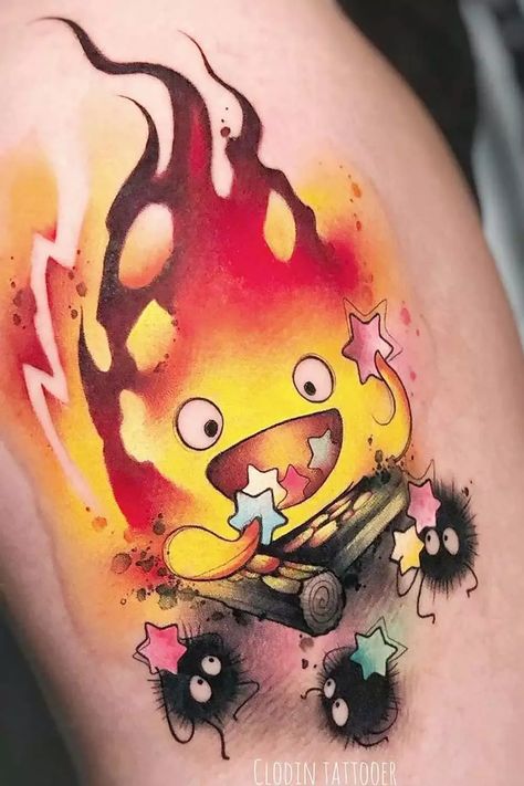 Unleash your creativity and express your love for anime with these incredible tattoo concepts. From magical worlds to intense battles, find the perfect inspiration for your next ink masterpiece! 🌌🔥 #AnimeCreativity #InkMasterpiece #Glaminati Calcifer Tattoo, Tatuaje Studio Ghibli, Studio Ghibli Tattoo, Ghibli Tattoo, Manga Tattoo, Fire Tattoo, Cute Little Tattoos, Tatuaje A Color, Tattoo Style Drawings