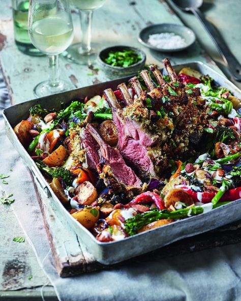 Rack of lamb, potato and pepper tray roast | delicious. magazine Party Food Main Dish, Dinner Party Mains, Easy Dinner Party Recipes, Roast Rack Of Lamb, Jewish Food, Tray Bake, Roast Beef Recipes, Bake Recipes, Rack Of Lamb