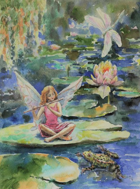 Fairy on a sheet of water lilies. Watercolor. Old pond A frog jumped into the water A surge in silence  Summer day at the pond, dragonfly, frog, fairy on a leaf of a water lily.  Watercolor, watercolor paper Frog Watercolor, Faery Art, Fairy Paintings, Fairy Drawings, Art Mignon, Fairy Artwork, Fairy Aesthetic, Art Ancien, Flower Fairies