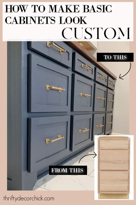 Dark blue cabinets with brass hardware Builder Grade Cabinets Makeover, Home Depot Bathroom Cabinets, Diy Home Depot Cabinets, How To Make Basic Cabinets Look Custom, Builder Cabinets Makeover, How To Make Cabinets Look Custom, Stock Cabinets For Bathroom Vanity, Make Cabinets Look Custom, Make Cabinets Taller