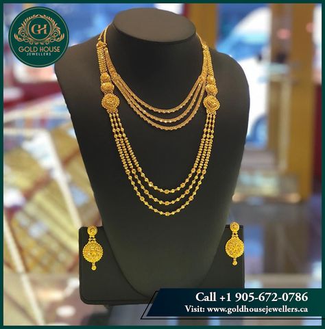 Gold House Jewellers brings the most elegant gold jewelry with intricate designs that makes your look remarkable! ☎️: 905-672-0786 #GoldHouseJewellers #JewellersInToronto #GoldJewellery #WeddingJewellery #WeddingCollection #BridalJewellery #LoveForJewellery #GoldNecklace #GoldRings #GoldBangles Nakelace Jewelry Gold, 3 Pavan Gold Necklace, 24gms Gold Necklace Designs, Mohan Maal Gold, 20gms Gold Necklace Designs Latest, Gold Haar Designs Indian, Mohanmala Gold Design, Turkish Gold Jewelry Necklace, Layered Necklaces Gold Indian