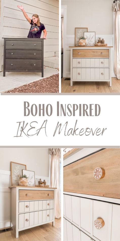 Redo Ikea Furniture, Cheap Dresser Makeover, Ikea Pine Dresser, Boho Remodel, Wallpaper Dresser, Boho Dresser, Ikea Dresser Makeover, Stained Dresser, Cheap Dresser