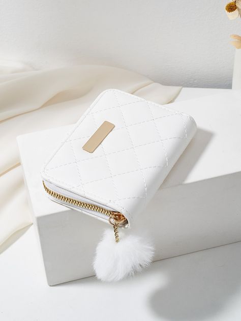 White  Collar  PU Leather Geometric Small Wallet Embellished   Wallets & Cardholders Small Handbags For Women, Pom Pom Decorations, Studded Shorts, Cute Wallets, Professional Bag, Pu Leather Wallet, Short Wallet, Pencil Bags, Vintage Modern