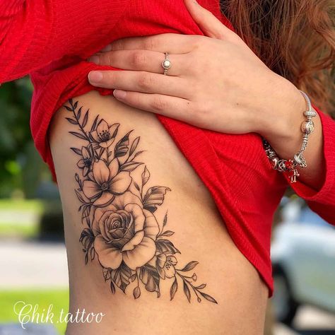 Floral Tattoo Shoulder, Rib Tattoos For Women, Black Rose Tattoos, Tattoos For Women Flowers, Beautiful Flower Tattoos, Hip Tattoos Women, Thigh Tattoos Women, Rib Tattoo, Hip Tattoo