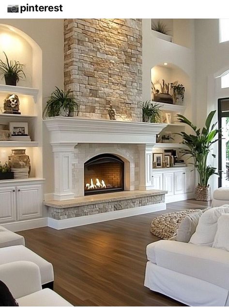 Great Room Fireplace, Minimalist Living Room Ideas, Built In Around Fireplace, Living Room Minimalist, Brick Fireplace Makeover, Room Fireplace, Room Minimalist, Lake Norman, Living Room Decor Fireplace