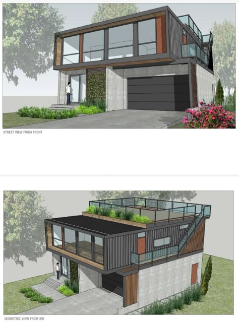 Shipping Container Homes With Garage, Houses With Rooftop Decks, Adu With Rooftop Deck, Container House With Garage, House On Garage, House Plans With Rooftop Deck, Honomobo Homes, Small House With Roof Deck, Rooftop Deck House