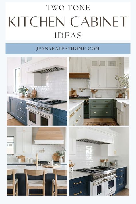 Explore a range of color combinations for two-toned kitchen cabinets, suitable for any design style from modern farmhouse to modern organic or transitional. From classic wood and white to vibrant greens, sleek blacks, and calming blues, find the perfect mix for your kitchen makeover. Get inspired and transform your space with these versatile ideas! Two Tone Kitchen Cabinets Color Combinations, Cabinet Color Combinations, Interior Door Paint Colors, Modern Classic Kitchen, Classic Kitchen Cabinets, Kitchen Cabinets Color Combination, Coastal Style Kitchen, Kitchen Cabinet Color, Two Tone Kitchen Cabinets