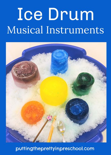 Easy to set up ice drum musical instruments that can be played indoors or outside any time of the year. Science Activities For Toddlers, Preschool Music Activities, Music Activities For Kids, Daycare Themes, Music For Toddlers, Toddler Curriculum, Homemade Instruments, Theme Activities, Sensory Crafts