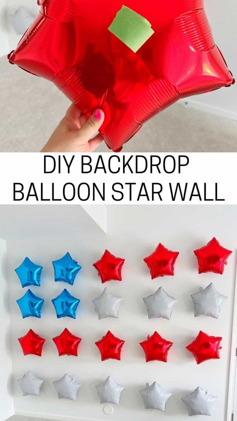 Make this patriotic backdrop display using foil star balloons and painters tape to attach to the wall. Easy Party Backdrop, Patriotic Backdrop, Star Balloons, 5 Balloons, Easy Parties, Red Foil, Blue Foil, Diy Backdrop, Balloon Backdrop