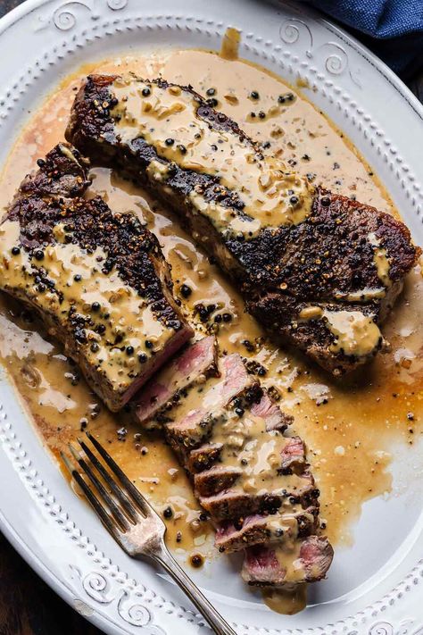 Au Poivre Sauce, Crusted Steak, Peppercorn Steak, Sip And Feast, Roasted Garlic Mashed Potatoes, French Recipe, Ny Strip Steak, Peppercorn Sauce, Beef Roast