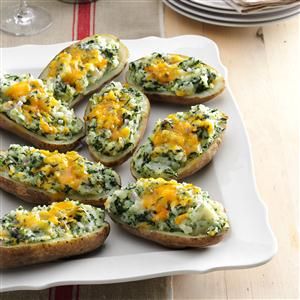 Cheddar & Spinach Twice-Baked Potatoes Recipe- Recipes  My husband is a rancher who loves a hearty potato dish, so consider these spuds with cheddar and spinach cowboy approved. My crowd never leaves leftovers. —Jody Augustyn, Loup City, NE Potluck Sides, Holiday Potluck Recipes, Russet Potato Recipes, Holiday Buffet, Food Lovers Recipes, Christmas Potluck, Baked Potato Bar, Cheddar Potatoes, Stuffed Potatoes