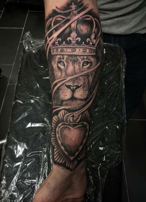 Lion wearing Crown and Sacred Heart by Angel at Puzzle Piece Tattoo San Francisco CA #tattoos #tattoo #beauty Lion Wearing Crown Tattoo, Heart Of A Lion Tattoo, Lion Heart Tattoo, Lion Wearing Crown, Religious Tattoo Sleeves, Hart Tattoo, Puzzle Piece Tattoo, Piece Tattoo, Trending Tattoos