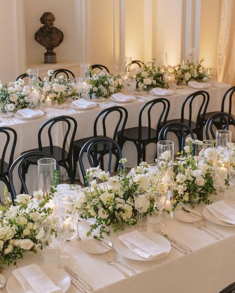 Madeline Bottene Nordstrand (@madelinenordstrand) • Instagram photos and videos Long Table White Flowers, Wedding Long Table Flower Arrangements, Rectangle Wedding Centerpieces, Wedding Centerpieces Long Rectangle Table, White And Green Tablescape, Rectangular Table Centerpiece Wedding, Green And White Tablescape, Long Centerpieces Wedding, Long Table Centerpieces Wedding