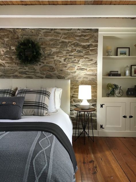 Stone Headboard, Stone House Revival, Stone Wall Interior Design, Stone Walls Interior, Stone Accent Walls, Stone Interior, Wall Interior, Gorgeous Houses, Accent Wall Bedroom