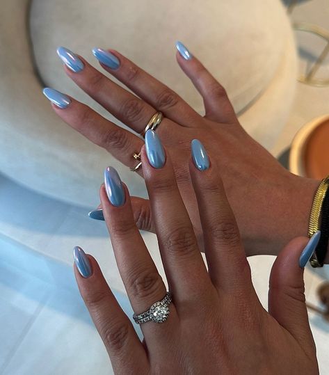 Pearly Nails Are the New Chrome Milky Blue Chrome Nails, Denim Blue Chrome Nails, January Nails Chrome, Glacier Blue Nails, Ocean Chrome Nails, Nails Bleu Pastel, Baby Blue Chrome Nails Almond, Grey Blue Chrome Nails, New Trend Nails 2024 Summer