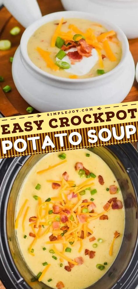 Crockpot Potato Soup Recipe, comfort food recipes, simple dinner recipes Bake Potatoes Soup In Crock Pot, Creamy Baked Potato Soup Crock Pot, Crockpot Potato Soup Without Cream Cheese, Crockpot Meals Potato Soup, Crockpot Recipes Soup Potato, Slow Cooker Potato Cheese Soup, Thick Potato Soup Crockpot, Slow Cooked Potato Soup, Potato Soup In Slow Cooker