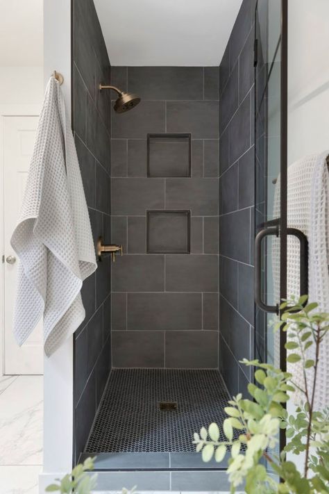 Tonka Snack Chute Bath Reveal | Before & After 9 Charcoal Gray Shower Tile, Dark Gray Tile Shower Ideas, Hexagon Tile Tub Surround, Contrasting Bathroom Tiles, Slate Gray Tile Bathroom, Bathroom Black Shower Tile, Small Masculine Bathroom Ideas, Black Master Shower Ideas, Dark Bathroom Shower Tile