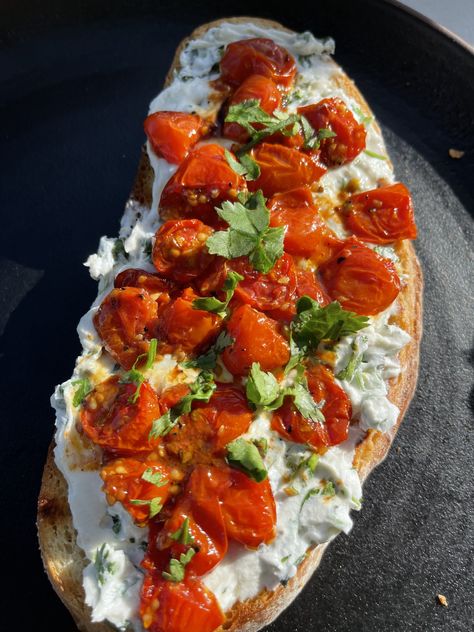 Roasted Tomatoes & Goat Cheese Toast Goat Cheese On Toast, Goats Cheese Sandwich, Goat Cheese Toast Recipes, Roasted Tomato Toast, Goat Cheese Crumbles Recipes, Goat Cheese Bread, Goat Cheese Breakfast, Goat Cheese Toast, Brewery Food