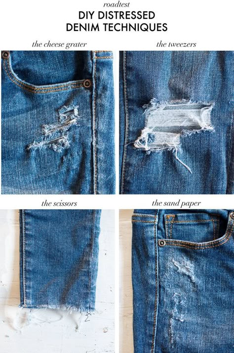 Turn basic jeans into eye-catching distressed jeans. Denim Techniques, Distressed Clothing, Diy Distressed Jeans, Diy Ripped Jeans, Distress Jeans, Diy Fashion Trends, Diy Jeans, Grunge Dress, Denim Diy