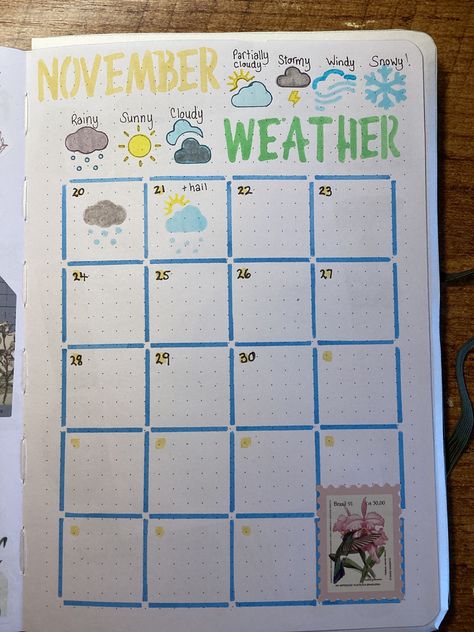 November weather Planer Ideas November, November Weather Tracker, Weather Of The Day Bullet Journal, Weather Bullet Journal, Bulett Journal Page Ideas November, November Planner Ideas, Weather Tracker Bullet Journal, Bullet Journal Ideas Pages Monthly, November Mood Tracker