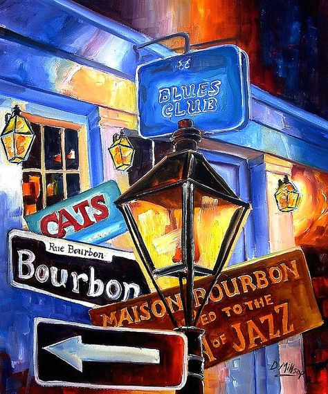 https://flic.kr/p/7Xfeyo | Signs of Bourbon Street ebsq | New Orleans Art by Diane Millsap Oil on Canvas 24 Inches H.  x   20 Inches W. Arte Jazz, New Orleans Art, Street Wall Art, Jazz Art, Street Painting, Bourbon Street, Street Sign, Canvas Signs, Street Signs