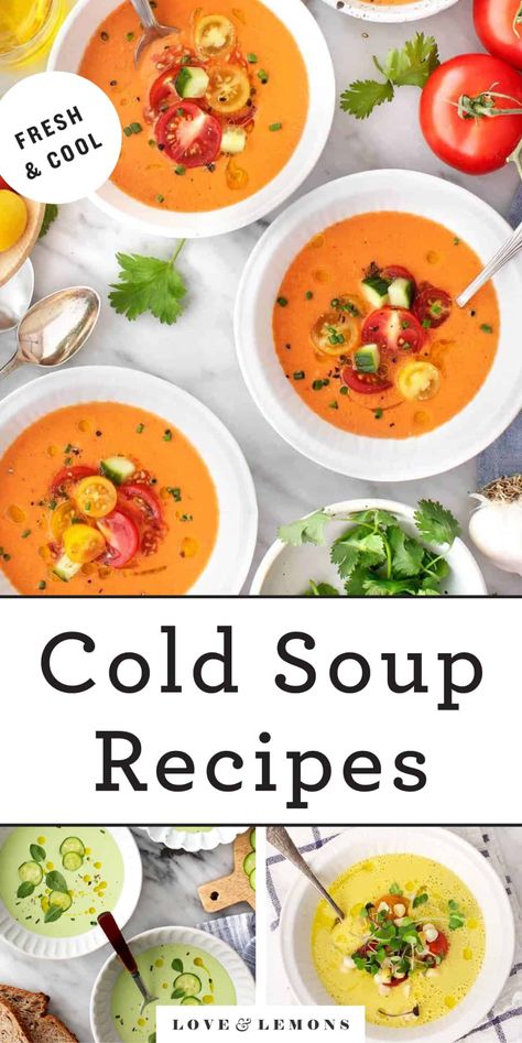 9 Cold Soup Recipes for Hot Summer Days - Love and Lemons Cold Summer Soups, Summer Soup Recipes, Cold Soup Recipes, Soups Recipes, Gazpacho Recipe, Chilled Soup, Zucchini Soup, Summer Soup, Cold Soup