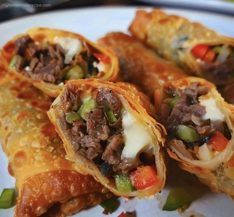 Philly Cheese Steak Egg Rolls Recipe - My Home Made Recipe Philly Cheese Steak Egg Rolls, Cheese Steak Egg Rolls, Steak Egg Rolls, Bacon Cheeseball, Philly Cheesesteak Egg Rolls, Easy Baked Ziti, Philly Cheese Steak Recipe, Spicy Dipping Sauce, Lunch Dinner Ideas