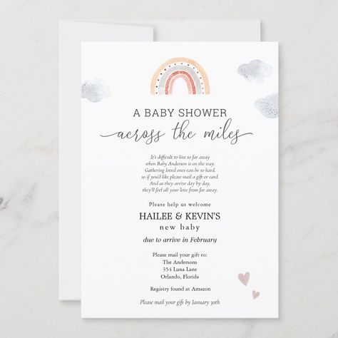 Baby Shower Across the Miles Invitation | #babyshower #showerbymail #acrossthemiles #longdistance #showerfromafar #travel #far #rainbow #rainbowbaby #clouds Long Distance Baby Shower Invitations, Miles Baby, Shower By Mail, Baby Due, Watercolor Rainbow, Baby Shower Planning, Personalized Decor, Rainbow Baby, Paper Projects