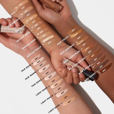 Concealer Swatches, Elf Foundation, Full Face Makeup Looks, Elf Concealer, Drugstore Eyeshadow, Face Makeup Looks, Tarte Shape Tape Concealer, Foundation Swatches, Shade Finder