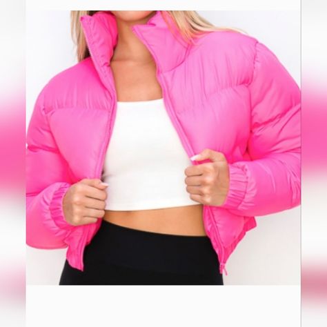 Anwnd Boutique Cropped Puffer Jacket Bubblegum Barbie Color Like The Stock Photos. Warm Puffer Jacket Two Pockets With Snap Closure Elastic At The Waist Stand Up Collar 100% Polyester Approximately 19" Center Back, 22" Pit To Pit Never Worn Short Puffer Jacket, Cropped Puffer Jacket, Stand Up Collar, Cropped Style, Puffer Jacket, Snap Closure, Stand Up, Hot Pink, Fashion Looks