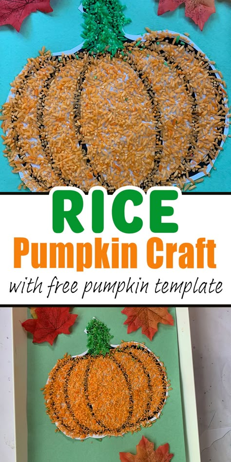 Create A Pumpkin Craft, Pasta Pumpkin Craft, Preschool Pumpkins Crafts, Pumpkin Art And Craft, Rice Crafts Ideas For Preschool, Pumpkin Arts And Crafts For Preschool, Pumpkins For Kindergarten, Rice Art For Kids, Pumpkin Crafts Preschool Art Projects