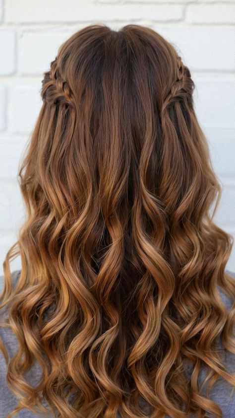 Curled Hairstyles Down Simple, Long Hair Hairstyles Prom, How To Style Long Hair For Formal Event, Wedding Hairstyle Long Hair Down, Big Braid Half Up Half Down, Dutch Braid Crown Half Up, Prom Hairstyles For Short Hair Braid, Braid With Hair Out, Bridesmaid Half Up Half Down Hair Braid