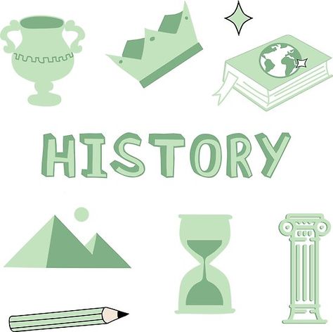 Back to school with the cutest Light Green History subject stickers. Perfect gift for a kid, tween, teen or any age!  Check out my portfolio for all the individual subject versions as I roll them out! History text, Urn, Grown, Royals, Pyramids, Hour glass, Column, and a World History Book. • Millions of unique designs by independent artists. Find your thing. History Design Ideas, Sampul Binder, Subject Stickers, History Stickers, School Binder Covers, Subject Labels, History Subject, School Book Covers, School Binder