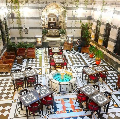 Shahbandar palace hotel  📍Damascus French Childhood, Syrian Architecture, Damascus House, Arab Vibes, Tile Garden, Gold Abstract Wallpaper, Arabic Majlis, Damascus Syria, Homestead Farm