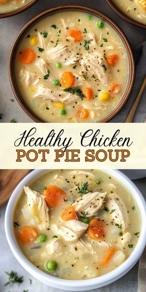 Healthy Chicken Pot Pie Soup Ingredients: 2 tablespoons olive oil 1 lb boneless, skinless chicken breasts (about 2 larger breasts) 1 cup celery, diced 1 cup carrots, cut into 1/4 inch thick small circles 1 cup onion, finely chopped 1/2 tablespoon garlic, finely minced 2 cups Yukon Gold potatoes, peeled and cut into 1-inch pieces 1 cup Yukon Gold potatoes, peeled and cut into quarters for blending 1/4 teaspoon pepper 1/4 teaspoon salt 1/4 teaspoon dried parsley Healthy Chicken Pot Pie Soup, Healthy Pot Pie, Chicken Pot Pie Soup Recipe, Healthy Chicken Pot Pie, Chicken Pot Pie Soup, Pot Pie Soup, Gold Potatoes, Dried Parsley, Fall Soup Recipes