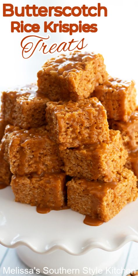 These rich and buttery glazed Butterscotch Rice Krispies Treats are no-bake making them ideal for cook's of all skill levels to master #ricekrispiestreats #butterscotchricekrispiestreats #butterscotchbars #nobakedesserts #dessertrecipes Butterscotch Rice Krispies, Butterscotch Recipes, Rice Crispie, Krispie Treats Recipe, Rice Krispies Treats, Krispies Treats, Cereal Treats, Cookie Bar, Rice Crispy Treats