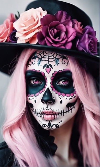 Candy Skeleton Makeup, Sugarskulls Makeup Halloween, Sugarskull Facepainting, Sugar Skull Face Paint For Women, Halloween Skull Costume, Easy Skull Face Paint, Sugarskulls Makeup, Pink Sugar Skull Makeup, Pink Catrina Makeup