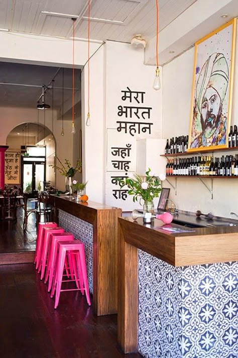 all things nice- an Indian decor blog: Horn Please- A Funky & Modern Indian Restaurant in Melbourne Indian Cafe, Interiors Kitchen, Indian Interiors, Funky Home Decor, Indian Restaurant, Cafe Interior Design, Restaurant Interior Design, Indian Decor, Indian Home